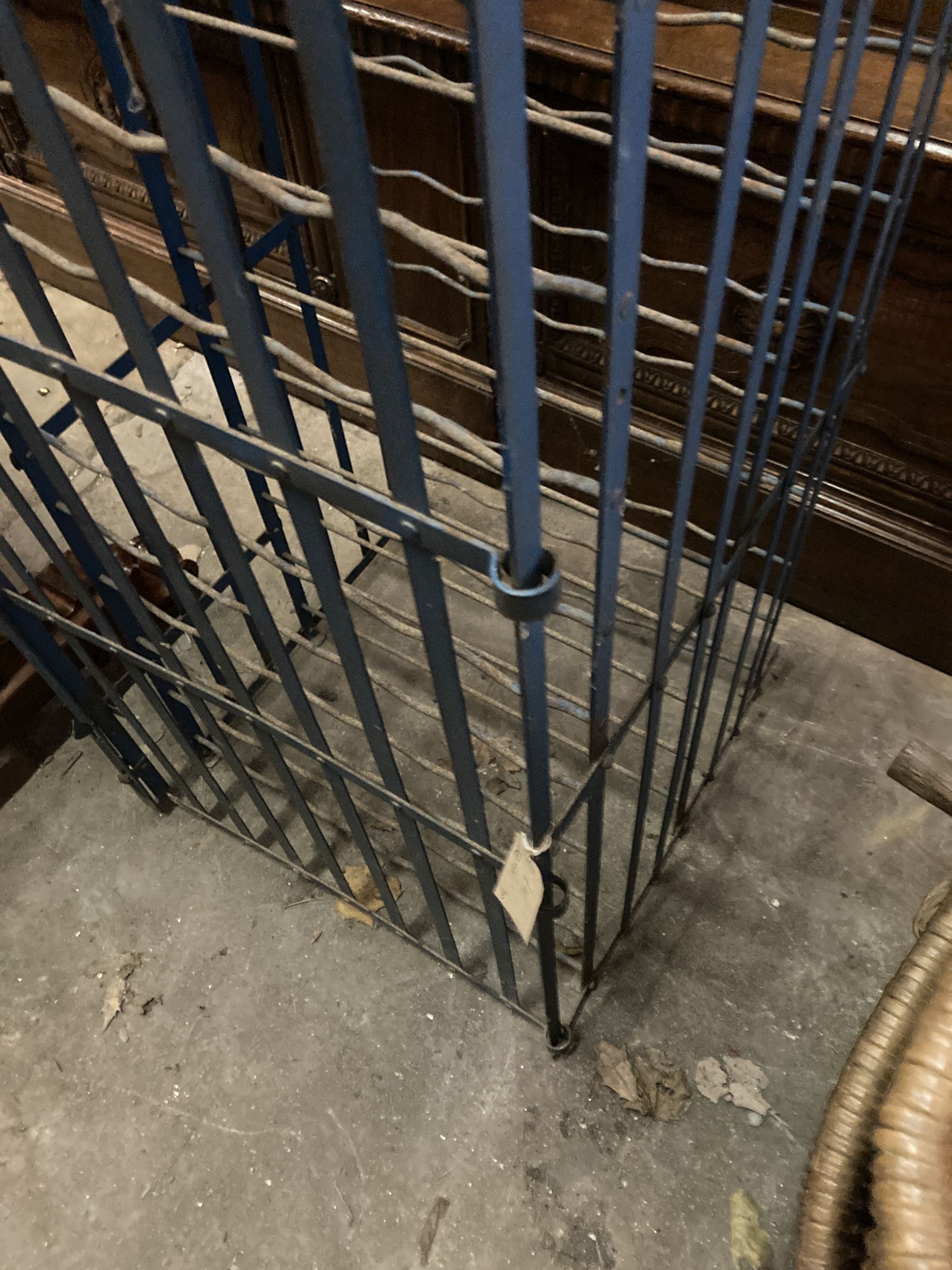 A French blue painted wrought iron wine rack cage, length 56cm, depth 58cm, height 166cm